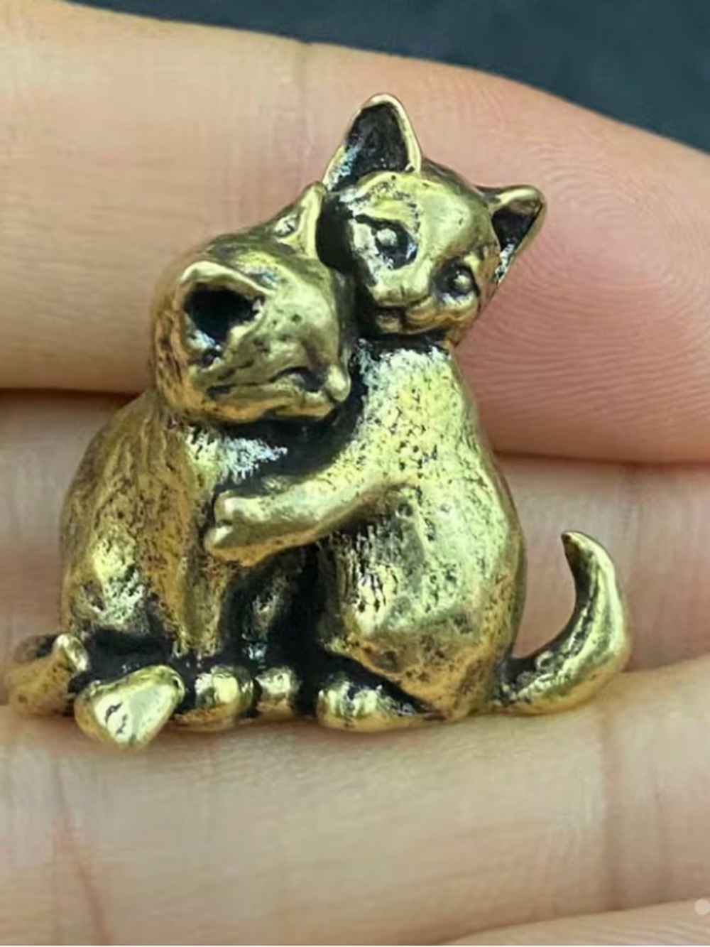 Miniature Brass Hugging Cats Decorative Figurine